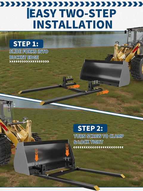 Heavy Duty Clamp On Pallet Forks For Tractor Loader 4000 Lb Capacity installation steps on farm field