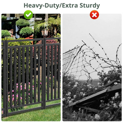 Comparison of a sturdy Rustproof Metal Garden Fence Kit 36ft Long 40in High With 14 Panels And 2 Gates and a broken wire fence.