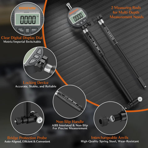 BOBOVAV digital dial bore gauge set with dual measuring rods, locking knob, and interchangeable anvils