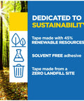 Infographic showing tape sustainability: 45% renewable resources, solvent-free adhesive, made from zero landfill site.