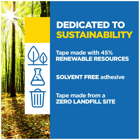 Infographic showing tape sustainability: 45% renewable resources, solvent-free adhesive, made from zero landfill site.