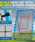 Adjustable Volleyball Rebounder Net 7x4 Ft With PU Volleyball And Stakes, blue frame with HDPE net and bungee cords