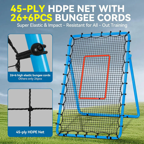Adjustable Volleyball Rebounder Net 7x4 Ft With PU Volleyball And Stakes, blue frame with HDPE net and bungee cords