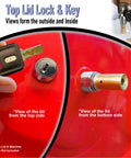 Replacement Lock And Key Set For Gumball Machines showing top lid lock and flat keys on red background