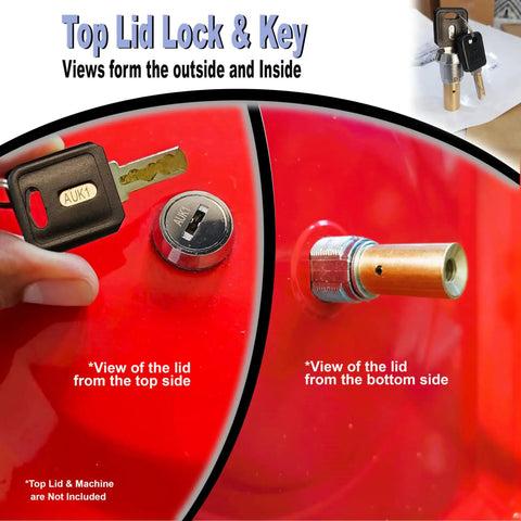 Replacement Lock And Key Set For Gumball Machines showing top lid lock and flat keys on red background
