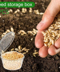 Hand holding seeds over soil with container for Mini Seed Spreader Kit For Easy Garden Sowing, 17 Piece Handheld Seed Dispenser Set