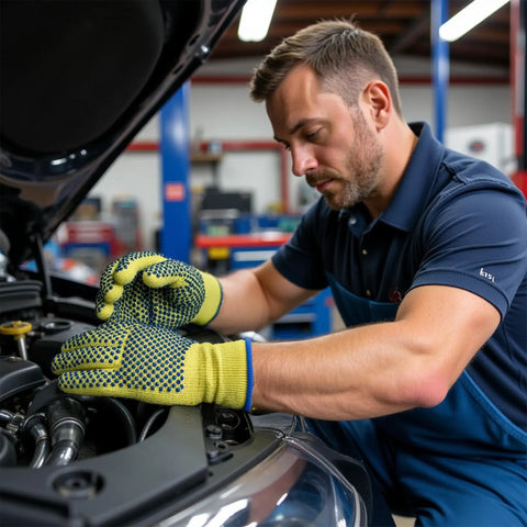 Mechanic wearing Yellow Medium Kevlar Knit Cut Resistant Work Gloves For Tough Jobs ANSI Rated Hand Protection From Glass Sheet Metal And Sharp Objects