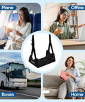 No Sagging Bamboo Foot Rest For Travel And Office, Adjustable Foot Hammock shown with uses on plane, bus, office, and home settings.