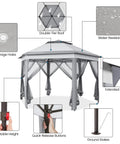 13x13 Pop Up Hexagonal Gazebo With Mesh Walls And Double Tiers No Fuss Setup Patio Shade Shelter For Lawn Garden Backyard And Deck Weather Resistant All Season Canopy Tent In Gray with features labeled