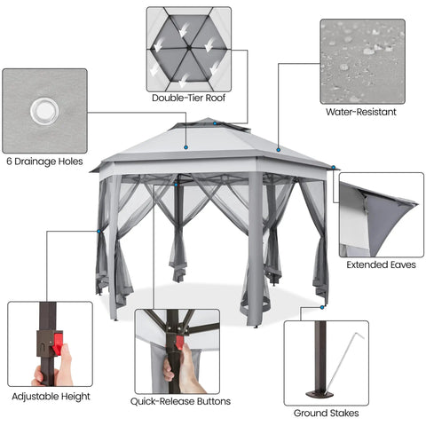 13x13 Pop Up Hexagonal Gazebo With Mesh Walls And Double Tiers No Fuss Setup Patio Shade Shelter For Lawn Garden Backyard And Deck Weather Resistant All Season Canopy Tent In Gray with features labeled