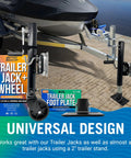 Rock Solid 2 Inch Trailer Jack Foot Plate With Removable Foot Pad Snap Lock Pin Zero Flex 2000 Lb Load Rating Rust Proof Finish For RV Trailers, shown with trailer jack and boat.
