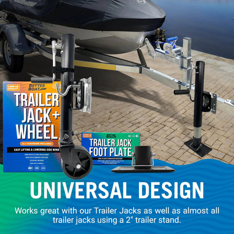 Rock Solid 2 Inch Trailer Jack Foot Plate With Removable Foot Pad Snap Lock Pin Zero Flex 2000 Lb Load Rating Rust Proof Finish For RV Trailers, shown with trailer jack and boat.