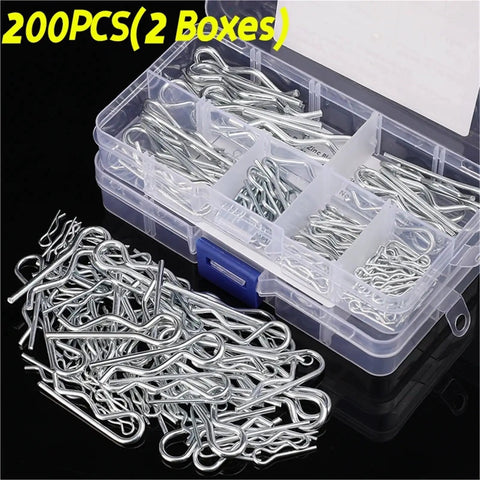 Beefy Heavy Duty R Type Cotter Pins Kit 500 Pieces Steel Hairpin Retaining Wire Fasteners in open box, 200 pieces visible