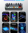 All In One Podcast Studio Kit With USB Audio Interface And Condenser Microphone For Smartphone And PC Perfect For Streaming Singing YouTube And Gaming Setup showing multifunctional sound card with noise reduction and mic inputs.