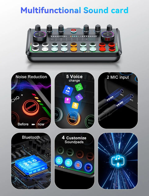 All In One Podcast Studio Kit With USB Audio Interface And Condenser Microphone For Smartphone And PC Perfect For Streaming Singing YouTube And Gaming Setup showing multifunctional sound card with noise reduction and mic inputs.
