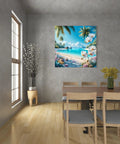 Tropical Beach Diamond Painting Kit For Adults 5D Full Drill Diamond Art For Beginners DIY Fun Gem Painting Dot Art Summer Ocean Orchid Scene Easy Home Wall Decor 13.78x13.78 Inch hanging on a wall in a dining room.