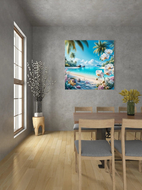 Tropical Beach Diamond Painting Kit For Adults 5D Full Drill Diamond Art For Beginners DIY Fun Gem Painting Dot Art Summer Ocean Orchid Scene Easy Home Wall Decor 13.78x13.78 Inch hanging on a wall in a dining room.
