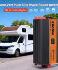 No Sweat Campground Ready 2000 Watt Pure Sine Wave Inverter Car Power Converter with RV in background and greenery.