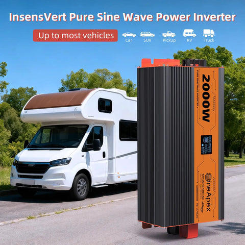 No Sweat Campground Ready 2000 Watt Pure Sine Wave Inverter Car Power Converter with RV in background and greenery.