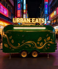 Straight Up Commercial Food Truck Trailer Featuring Custom Coffee Bar Station And Heavy Duty Snack Cart Prep Table To Crush Your Street Vendor Hustle Or Mobile Catering Business, green exterior at night.