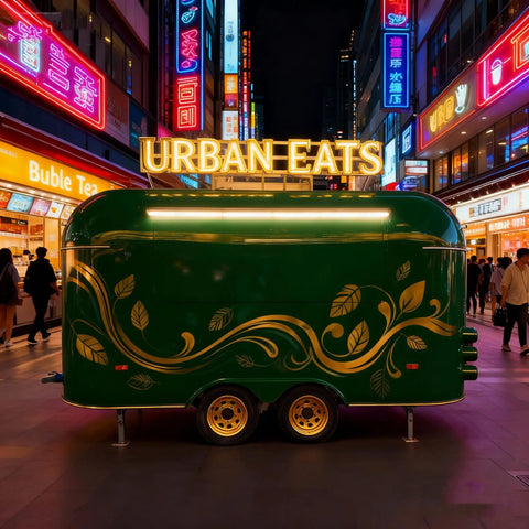 Straight Up Commercial Food Truck Trailer Featuring Custom Coffee Bar Station And Heavy Duty Snack Cart Prep Table To Crush Your Street Vendor Hustle Or Mobile Catering Business, green exterior at night.
