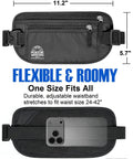 Black travel money belt with RFID blocking, sweat-proof material, and heavy-duty buckle fits 11.2 x 5.7 inches, one size fits all.