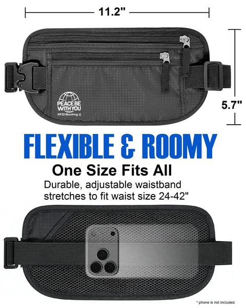 Black travel money belt with RFID blocking, sweat-proof material, and heavy-duty buckle fits 11.2 x 5.7 inches, one size fits all.