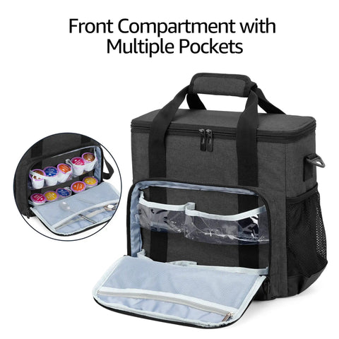 Travel Coffee Maker Carrying Bag For Keurig K Mini And K Mini Plus with open front pockets for pods and accessories.