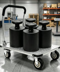 2600 Pound Capacity Steel Platform Cart With 43 By 26 Inch Flatbed Heavy Duty Industrial Moving Dolly With 6 Inch Fixed And Swivel Brake Wheels A Real Warehouse Workhorse For Inventory Tools And Equipment, loaded with 500 lb weights in warehouse