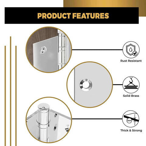 Solid Brass Chrome Door Hinge Heavy Duty Ball Bearing For Slammin Doors 4.5 By 4.5 Inch detail view with rust-resistant features