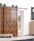 Black Rustic One Track Bypass Sliding Barn Door Hardware Kit For Double Doors With 8 Foot Flat Track And Spoke Wheel Rollers