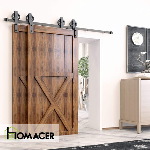Black Rustic One Track Bypass Sliding Barn Door Hardware Kit For Double Doors With 8 Foot Flat Track And Spoke Wheel Rollers