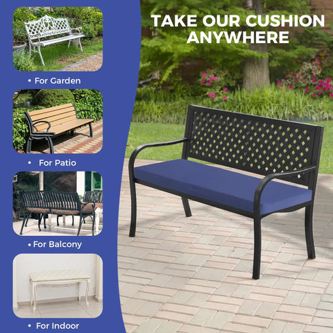 All Weather Outdoor Bench Cushion 48x18x3 Inch Navy Blue Waterproof Seat Pad on black metal bench in garden setting