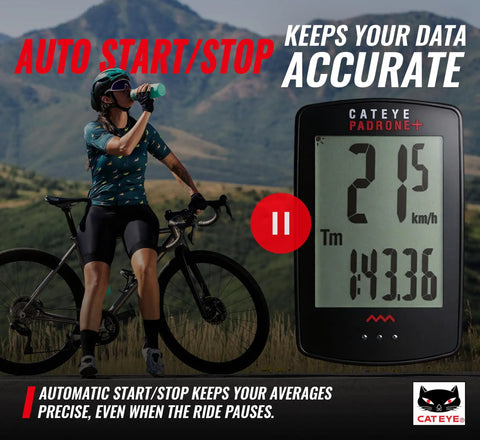 Cyclist drinking water with Oversized Backlit Bike Computer With Wireless Speed Tracking displayed in auto start/stop mode.