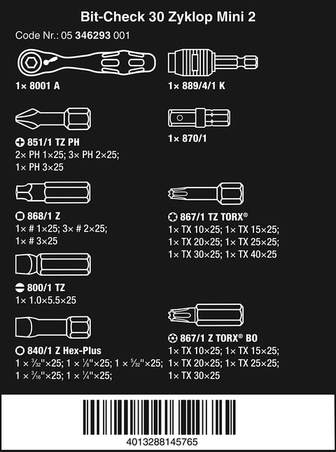 Diagram of Quarter Inch Drive Bit Set With Belt Clip Bit Check And Rapidaptor Holder In Carrying Case Including 28 Bits Adapter.