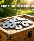40 Pcs 1/4 Fender Washers Set In 304 Stainless Steel Flat Washers on wooden box, outdoor setting