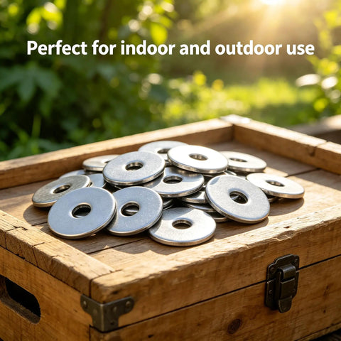 40 Pcs 1/4 Fender Washers Set In 304 Stainless Steel Flat Washers on wooden box, outdoor setting