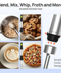 4 In 1 Immersion Hand Blender Powered By A Beefy 1100W Motor With Precision Trigger Speed Control And 304 Stainless Steel Shaft for mixing soup, frothing coffee, and blending cookies.