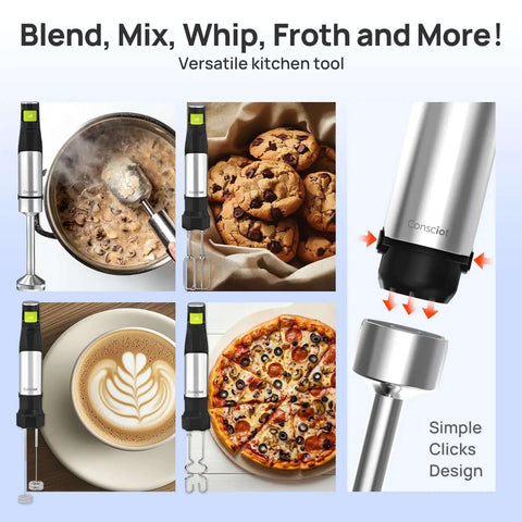 4 In 1 Immersion Hand Blender Powered By A Beefy 1100W Motor With Precision Trigger Speed Control And 304 Stainless Steel Shaft for mixing soup, frothing coffee, and blending cookies.