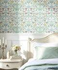 Classic William Morris Style Peel And Stick Wallpaper Removable Self Adhesive Vinyl Roll With Trim Grid For Zero Hassle Home Flip No Drama Waterproof Contact Paper on a bedroom wall with floral design.