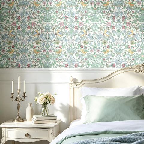Classic William Morris Style Peel And Stick Wallpaper Removable Self Adhesive Vinyl Roll With Trim Grid For Zero Hassle Home Flip No Drama Waterproof Contact Paper on a bedroom wall with floral design.