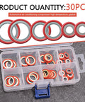 Close-up of 30 Piece Car AC Gasket and Compressor Repair Washer Assortment Kit with rust-proof sealing O-rings in storage box.