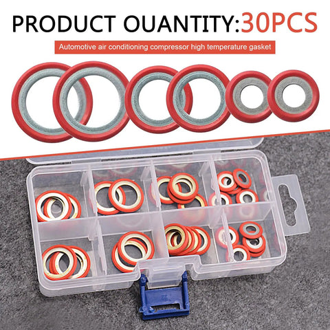 Close-up of 30 Piece Car AC Gasket and Compressor Repair Washer Assortment Kit with rust-proof sealing O-rings in storage box.