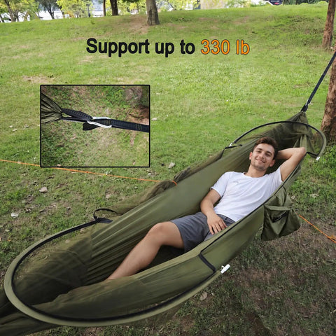 Two In One Pop Up Hammock Tent With Mosquito Net For One Person in use outdoors, showing support capacity of 330 lb