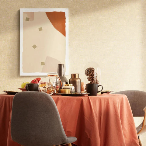Dining area with peel and stick slick grasscloth wallpaper for cabinets and walls, faux linen beige vinyl self adhesive covering