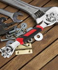 Universal Socket Wrench 48 In 1 With Rotating Head Multi Bit Fastener Tool Heavy Duty Home Repair Kit on wooden surface.