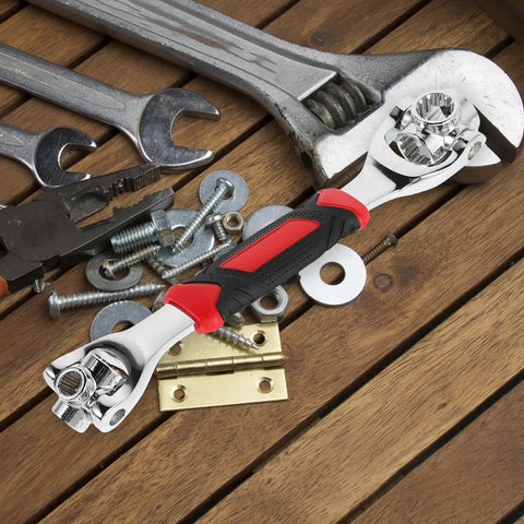 Universal Socket Wrench 48 In 1 With Rotating Head Multi Bit Fastener Tool Heavy Duty Home Repair Kit on wooden surface.