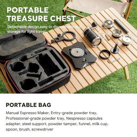 Dope Portable Manual Espresso Maker With 12 Bar Pressure Handheld Coffee Press No Cord Hassles Pre Infusion Brewer kit laid out on a wooden table.