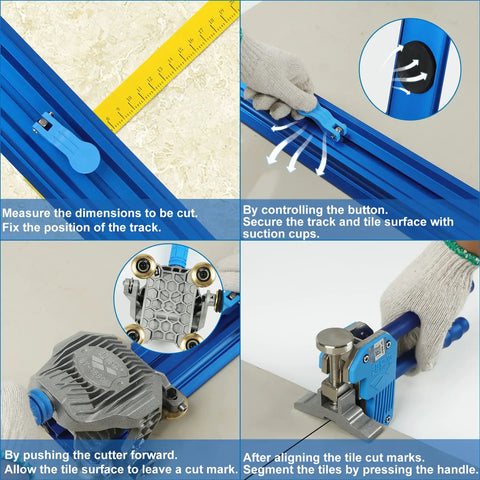 Close-up of Heavy Duty Manual Ceramic Tile Cutter Machine illustrating measurement, securing, cutting, and aligning features.