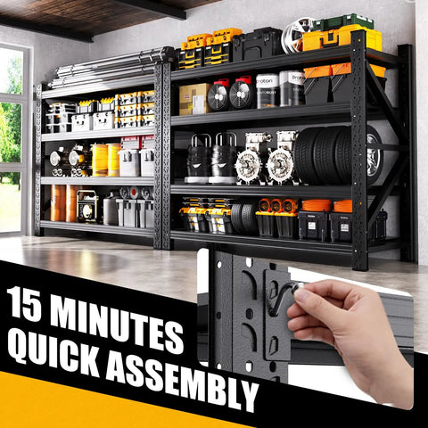 Built Tough Four Tier Metal Storage Shelves Featuring Massive 5000 LB Load Limit And Adjustable Design storing tools and bins in garage.